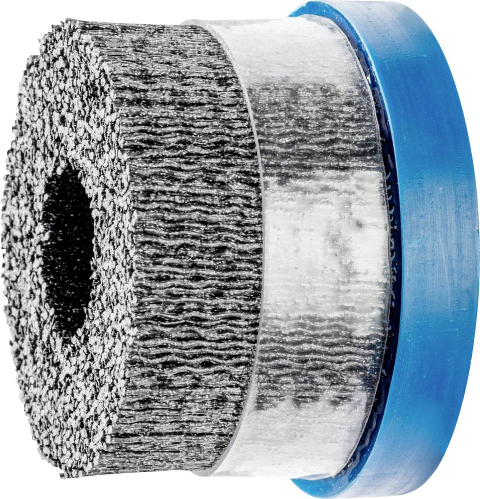 Runde Schleifscheibe mit blauen Rändern und schichtartiger Struktur in der Mitte, vermutlich aus abrasivem Material für industrielle Anwendungen.