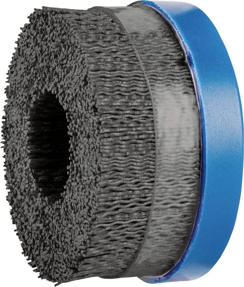 Runde, graue Schleifscheibe mit blauen Rand. Hauptsächlich für Schleifarbeiten an Metall- und anderen harten Oberflächen verwendet.