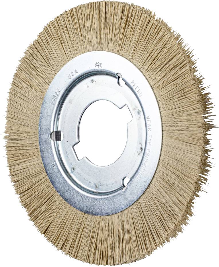 Eine runde Drahtbürste mit metallischer Mitte und äußeren Borsten zur Verwendung bei Schleif- oder Reinigungsaufgaben.