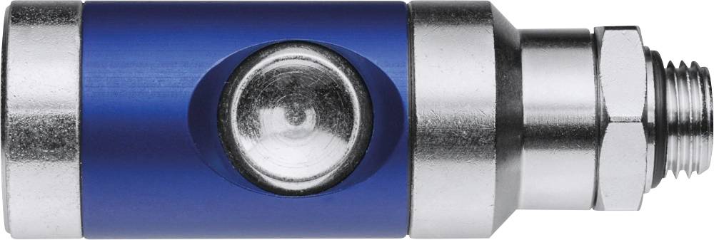 Blauer metallischer Drucksensor mit transparentem Mittelteil und silbernen Enden; verwendet zur Drucküberwachung in Maschinen.