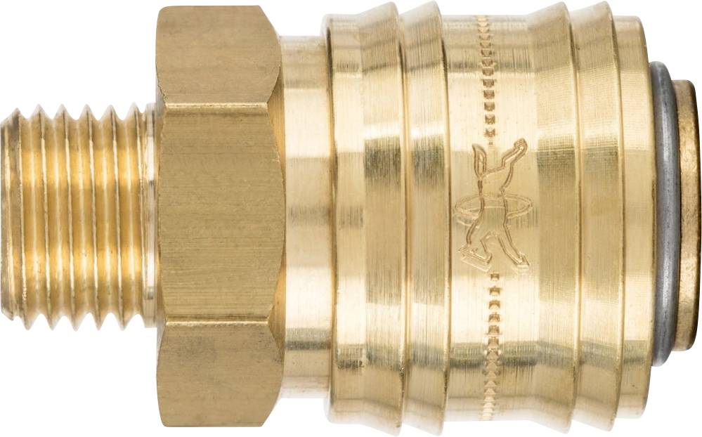 Messingkupplung, seitliche Ansicht. Enthält ein Gewinde links und eine glatte Oberflächenstruktur rechts, geeignet für Befestigungen.