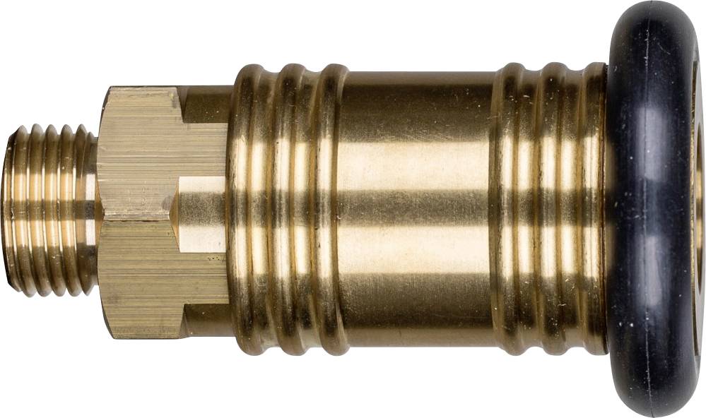 Ein Messinganschluss mit Gewinde und schwarzer Gummidichtung, üblicherweise verwendet für den sicheren Anschluss von Schläuchen oder Rohren.
