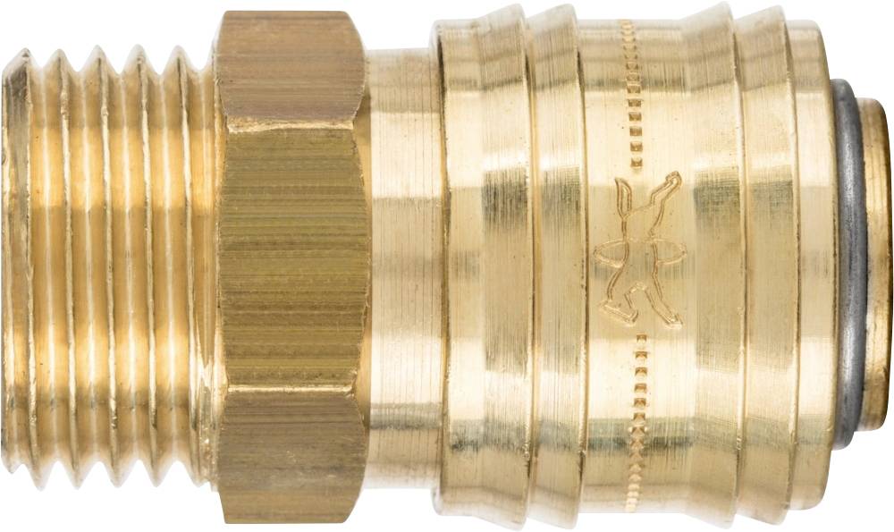 Ein goldfarbenes Metallverbindungsstück mit Gewinde und geriffelter Oberfläche, oft verwendet in Installationen oder Schläuchen.