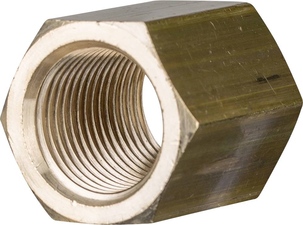 Eine sechskantige Metallmutter mit Innengewinde, goldfarben. Hauptbestandteil eines Schraubmechanismus in mechanischen Anwendungen.