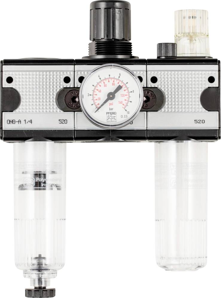 Druckregler mit Manometer und zwei transparenten Behältern. Anzeige zeigt Druck in Bar.