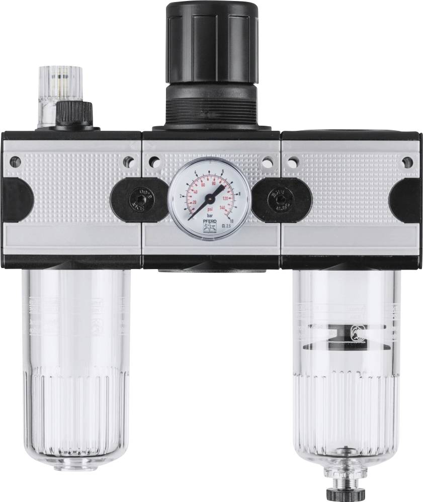 Ein Druckluft-Wartungsgerät mit zwei transparenten Behältern, einem Druckmesser in der Mitte und einem schwarzen Drehregler oben.