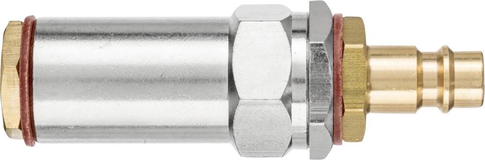 Metallanschlussstück mit zylindrischem, silbernem Körper und goldfarbenem Ende. Dient zur Verbindung von Schläuchen oder Rohren.