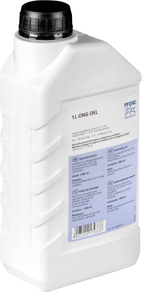 Weiße 1-Liter-Flasche für Schmieröl mit schwarzem Deckel. Etikett enthält Produktinformationen und Sicherheitsanweisungen.