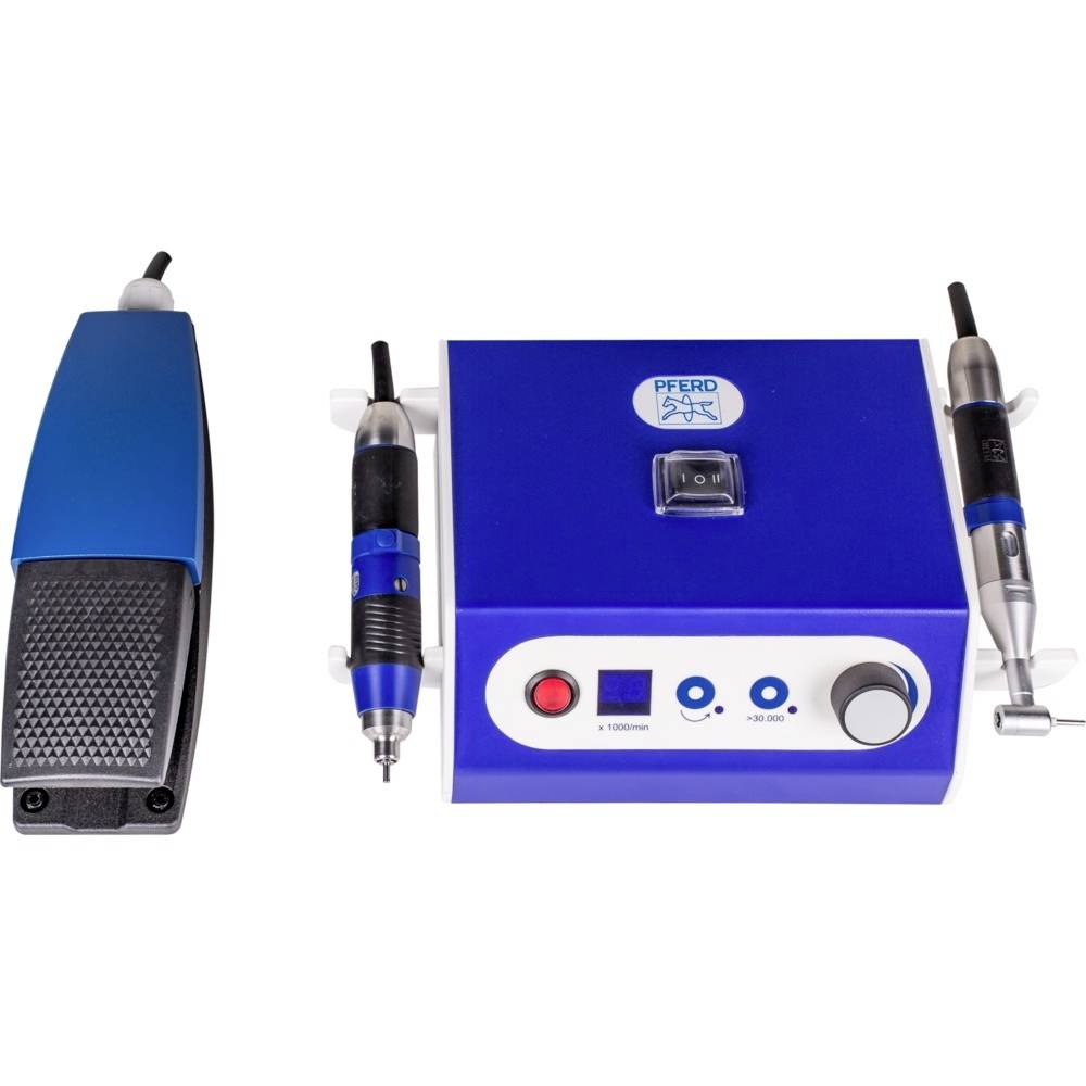 Ein blau-weißes Zahnbohrerset mit Steuerbox in der Mitte, links ein Fußschalter und rechts das Handstück, typischerweise für Zahnarztpraxen.