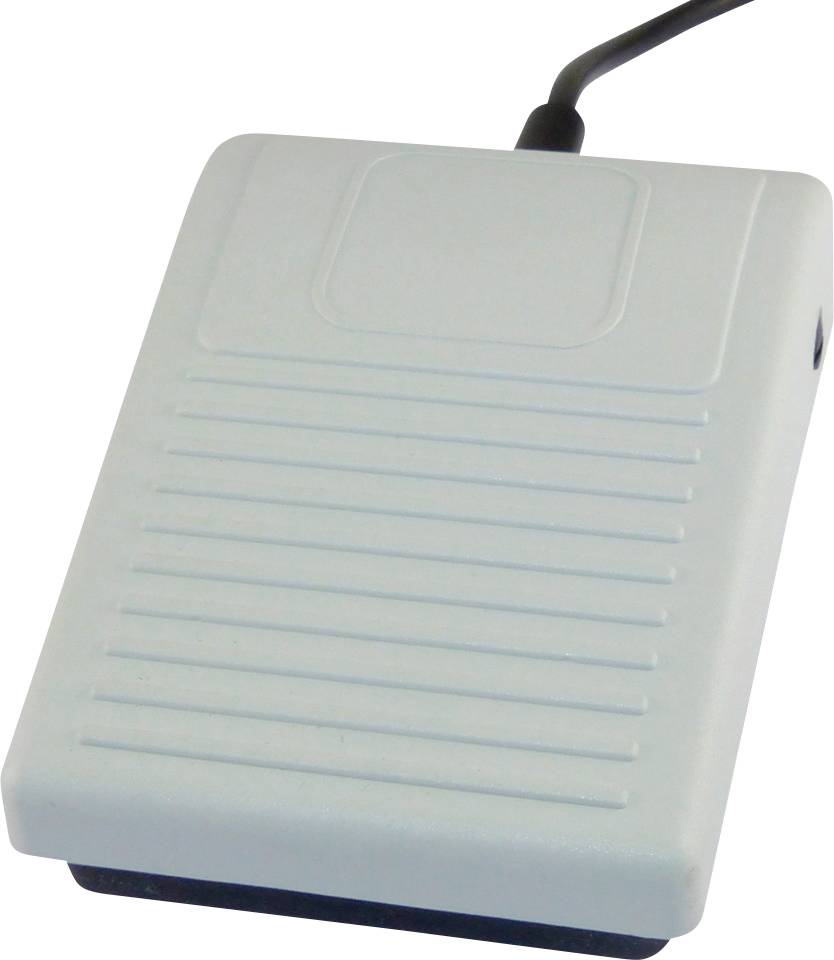 Ein rechteckiges Pedal mit Kabel, möglicherweise für eine Nähmaschine oder medizinisches Gerät. Es hat eine geriffelte Oberfläche.