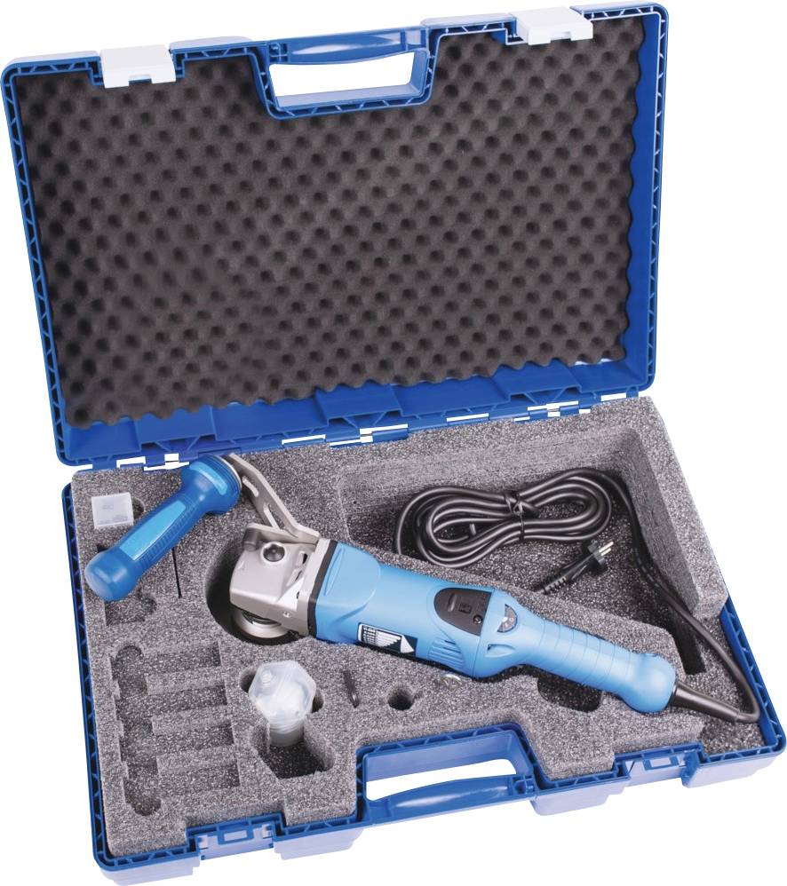 Ein offener blauer Werkzeugkoffer mit einem elektrischen Schneider, einem Ersatzgriff, einer Schutzkappe und einem Netzkabel.