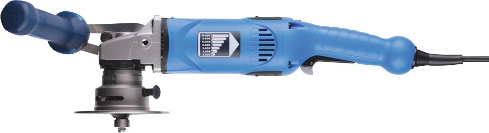 Ein blaues Elektrowerkzeug mit Scheibe, vermutlich ein Winkelschleifer. Es hat einen seitlichen Griff und ein Stromkabel.