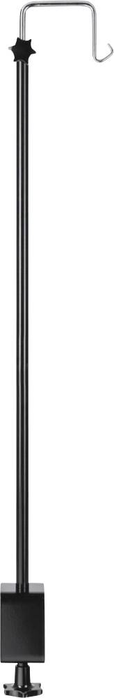 Ein schwarzer, ausziehbarer Kleiderhaken mit einem silbernen Haken an der Spitze, geeignet zum Aufhängen von Kleidung in hoher Reichweite.