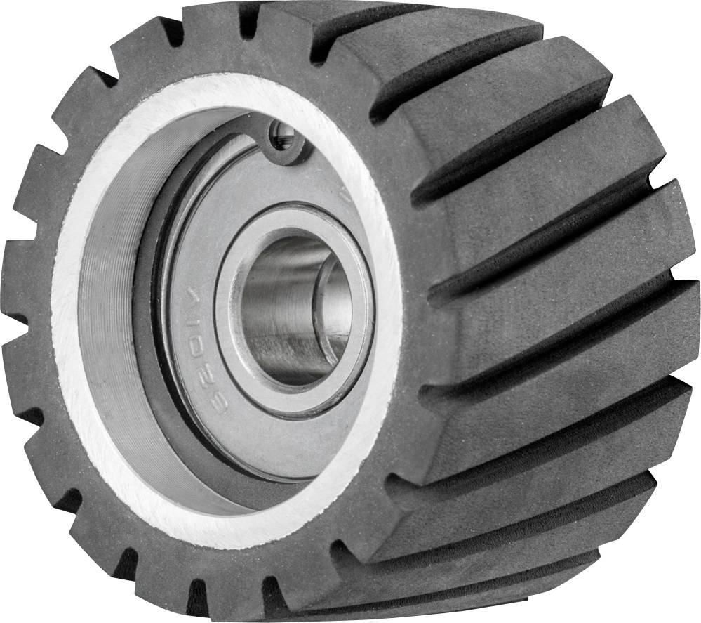Schwarzes, gerilltes Antriebsrad mit silbernem Lagerring. Verwendet für industrielle Anwendungen, um Drehbewegungen zu übertragen.