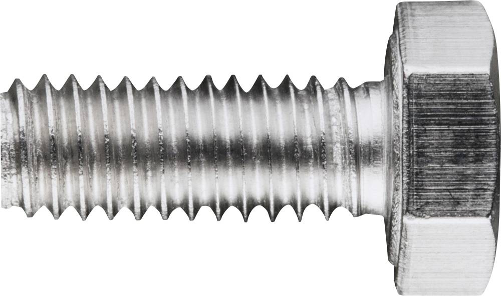 Eine einzelne silberne Sechskantschraube liegt horizontal auf weißem Hintergrund.