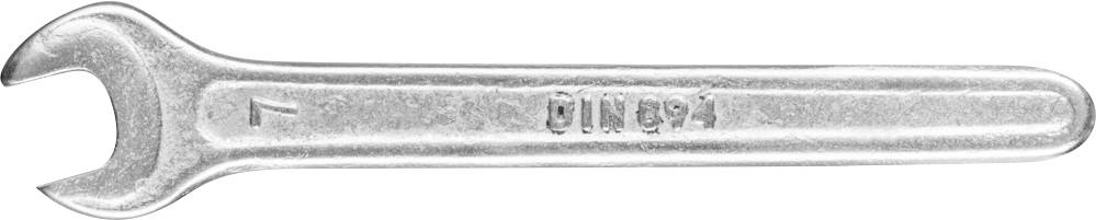 Ein silberner Schraubenschlüssel mit der Prägung 'DIN 894' und der Zahl '7'.