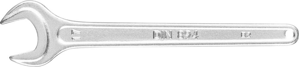 Ein silberner Schraubenschlüssel mit der Aufschrift 'DIN 894 12', zeigt eine offene Maulöffnung zur Befestigung von Muttern und Schrauben.