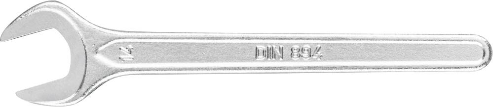 Ein silberfarbener Gabelschlüssel mit der Aufschrift 'DIN 894'. Geeignet für mechanische Arbeiten.