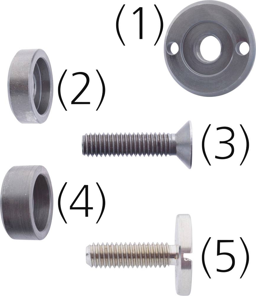 Fünf Bauteile: (1) Scheibe mit Loch, (2) und (4) Ringe, (3) Schraube mit Senkkopf, (5) Schraube mit zylindrischem Kopf.