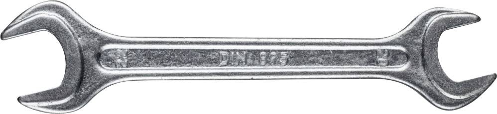 Ein silberner Doppelmaulschlüssel aus Metall mit zwei unterschiedlich großen Maulöffnungen, geeignet zum Lösen von Schrauben.