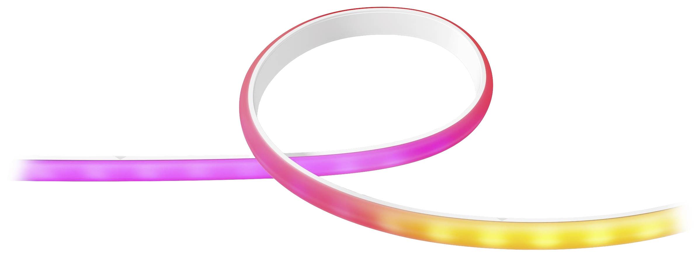 Ein leuchtender LED-Streifen in einer geschwungenen Form, der von pink zu gelb wechselt.