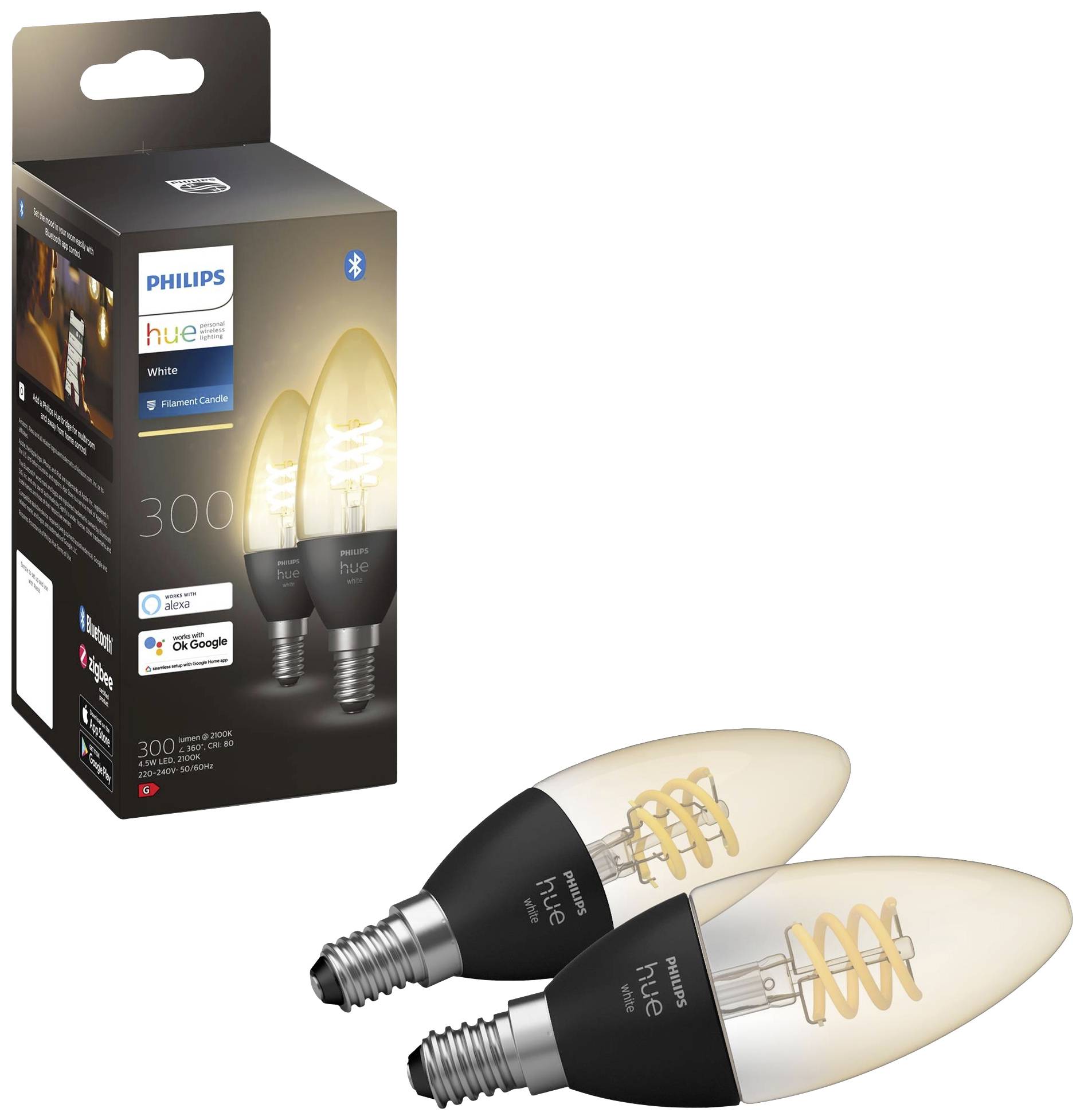 Philips Hue LED-Leuchtmittel (2er-Set) 871951430221100 EEK: G (A - G) Hue White Kerze Doppelpack Filament 2x300lm E14 9 W Warmweiß