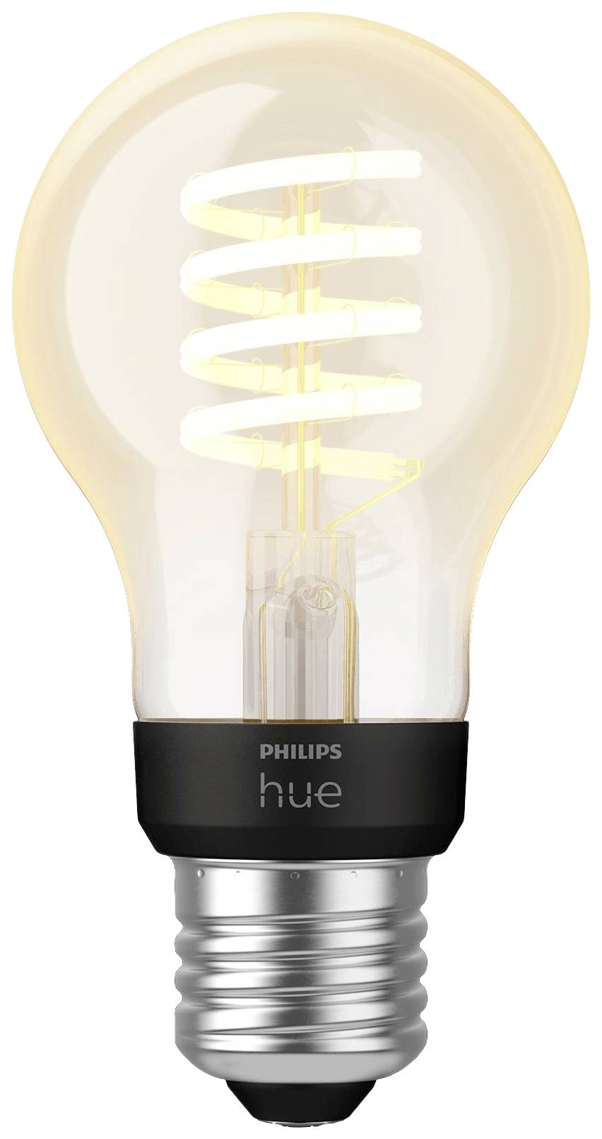 Eine Glühbirne mit sichtbarem spiralförmigem Filament, Marke 'Philips Hue'. Energieeffizientes Beleuchtungselement für smarte Steuerung.
