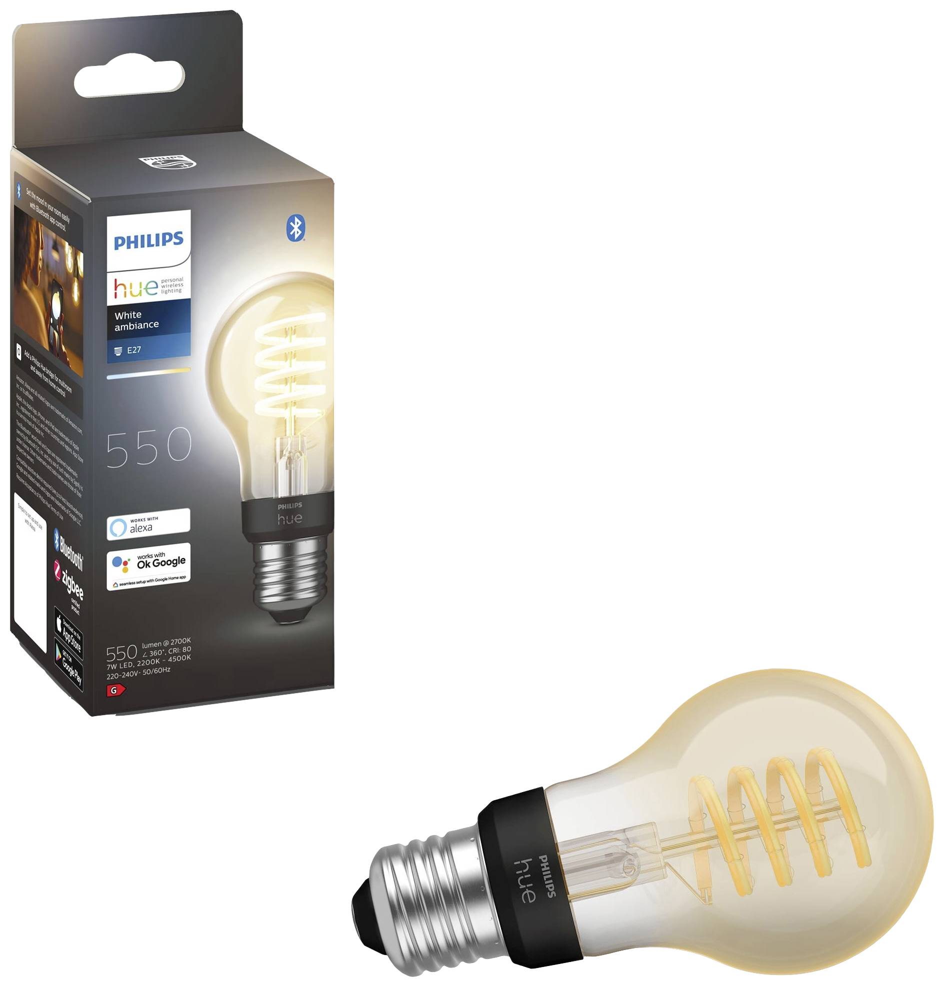 Glühbirnenverpackung und Glühbirne von Philips Hue mit Bluetooth-Unterstützung. Kompatibel mit Google und Amazon Assistenzsystemen.