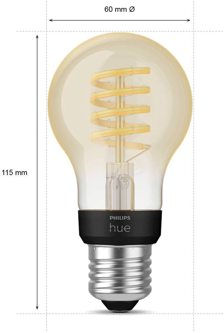 Philips Hue LED-Glühbirne, 60 mm Durchmesser, 115 mm Höhe, spiralförmiges LED-Filament, schwarze Fassung.