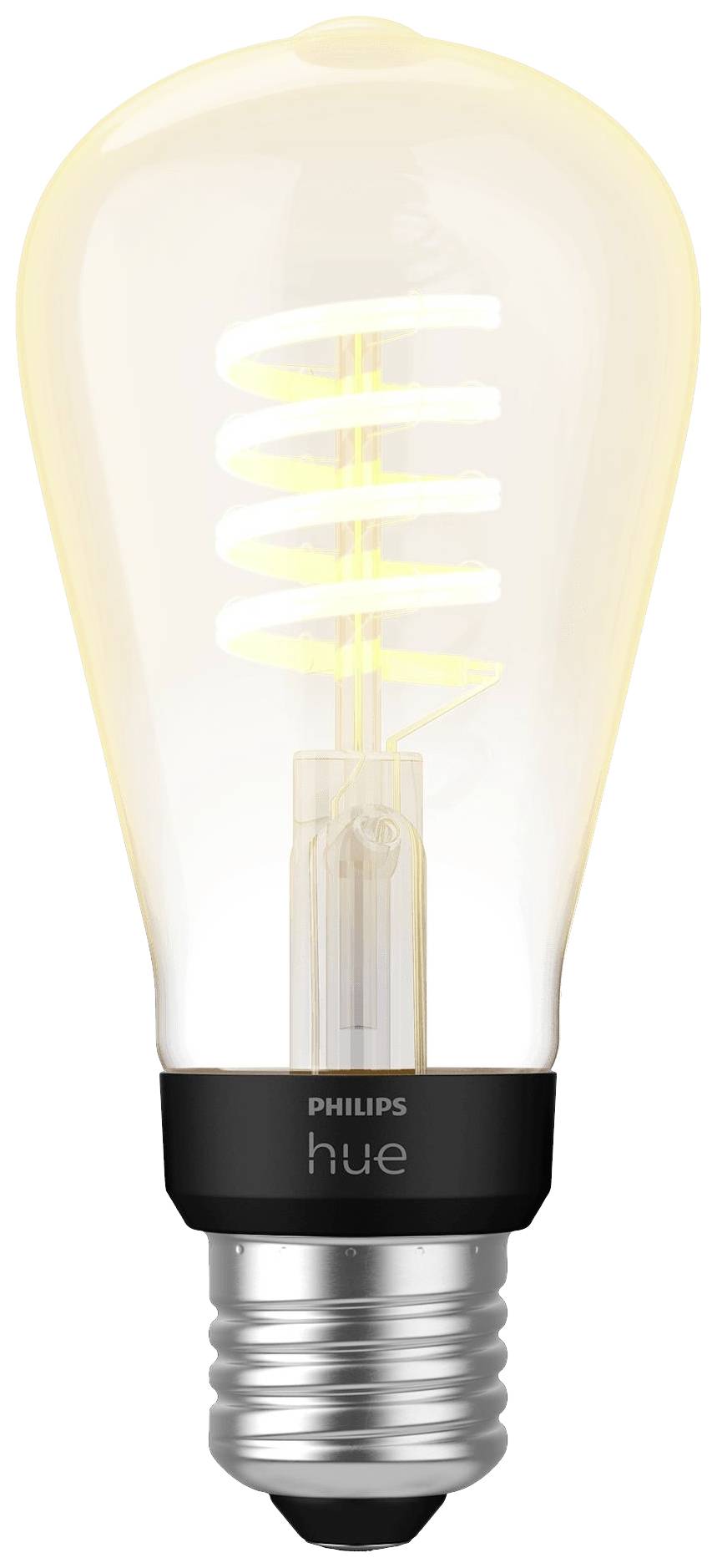 Glühbirne mit sichtbarem LED-Faden, E27-Sockel, von der Marke Philips Hue, erleuchtet in warmweißem Licht.
