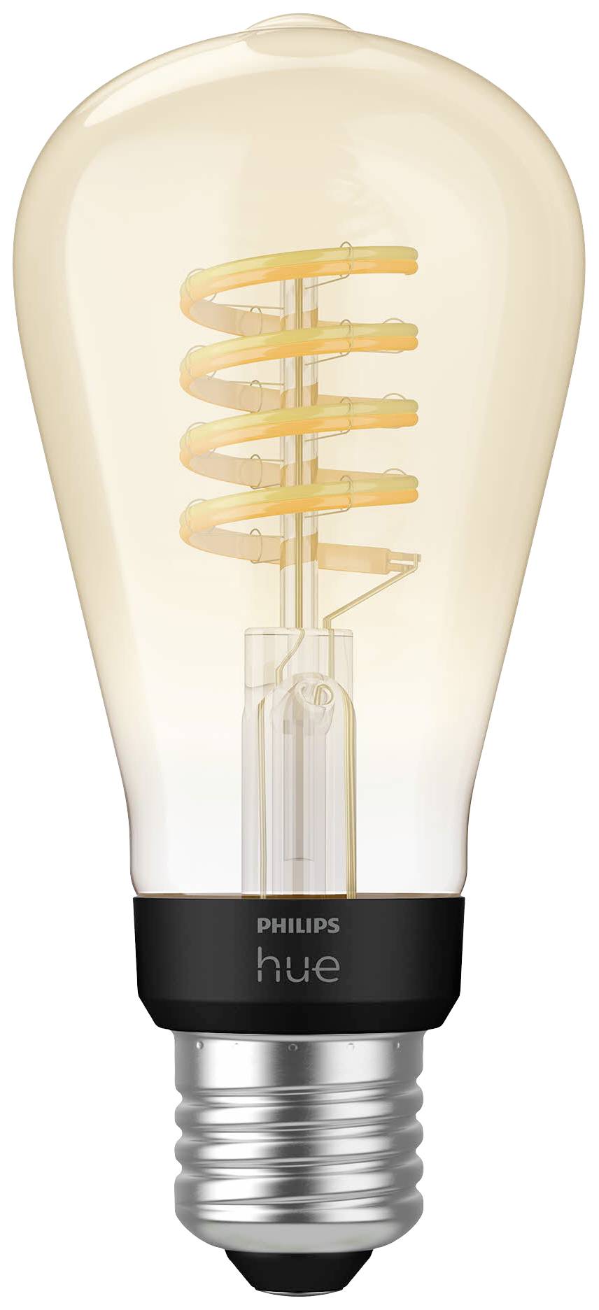 'Philips Hue' Glühbirne mit Spiralform und warmem Licht. Verwendet als Smart-Home-Beleuchtung und fördert eine gemütliche Atmosphäre.