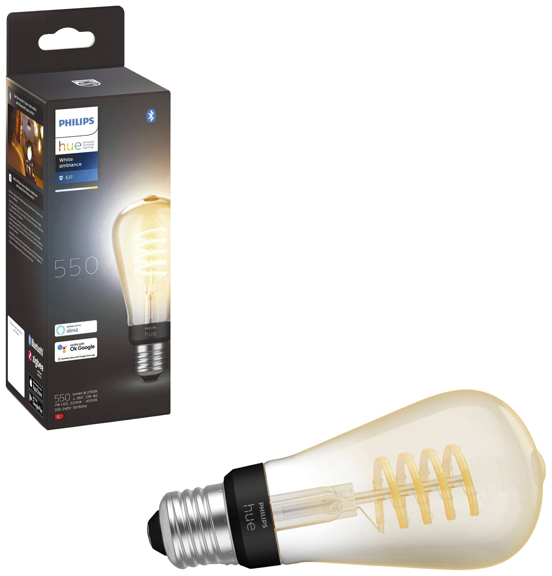 Glühbirne der Marke Philips Hue im Edison-Stil vor ihrer Verpackung, die Bluetooth-Konnektivität und intelligente Steuerung bewirbt.