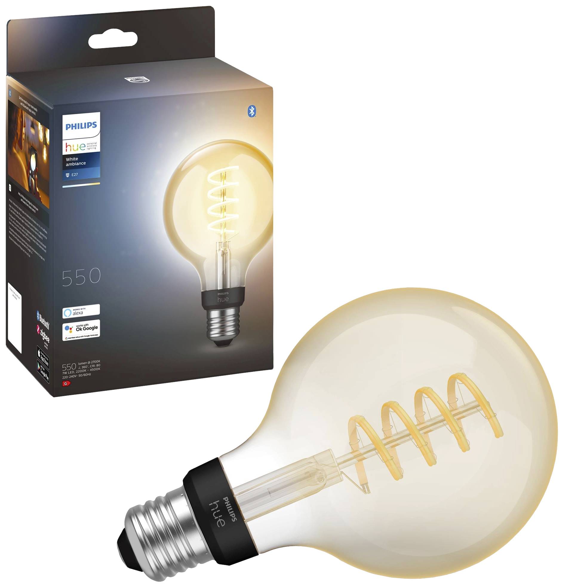 Glühbirne vor Verpackung mit leuchtendem Filament im Spiralmuster. Verpackung zeigt Markenname und Lichtintensität '550 Lumen'.