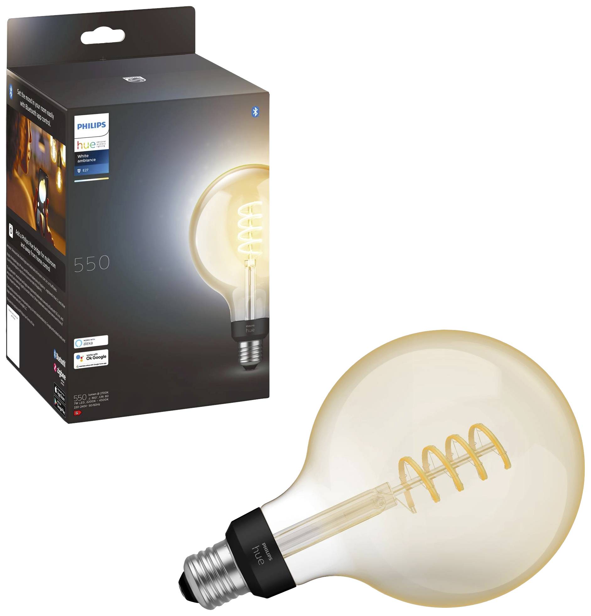 Eine dekorative Glühbirne mit Spiralform und ihre Verpackung. Verpackung zeigt Marke und Bluetooth-Kompatibilität an.