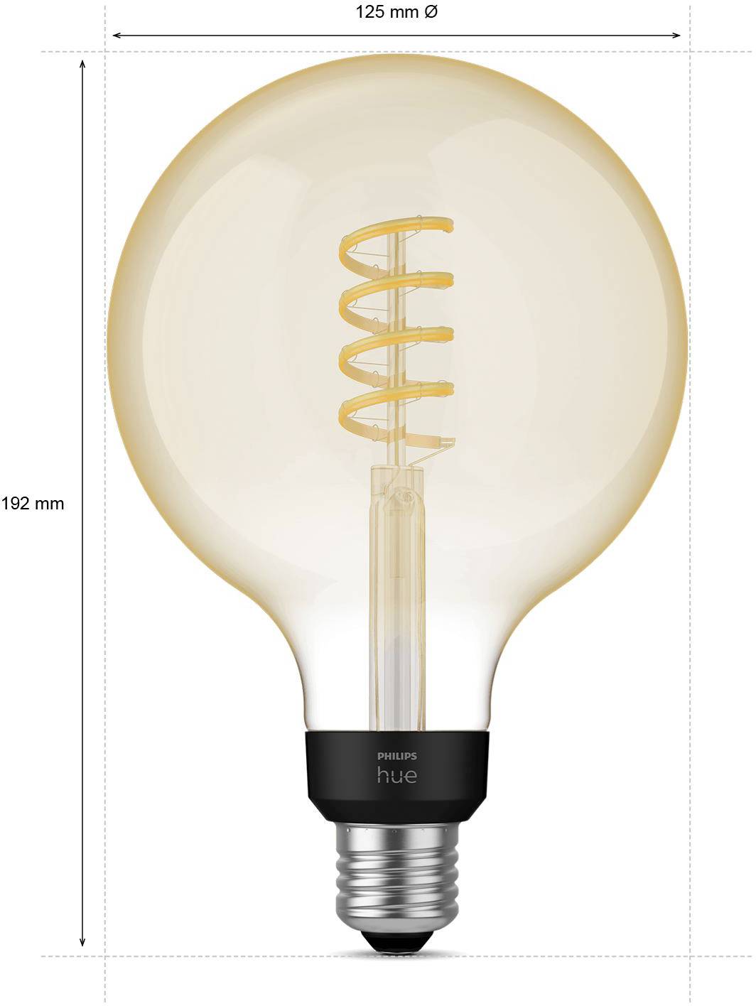 'Philips Hue' Glühbirne, spiralförmiges LED-Design, E27-Sockel, 125 mm Durchmesser, 192 mm Höhe. Dekorativ und energieeffizient.