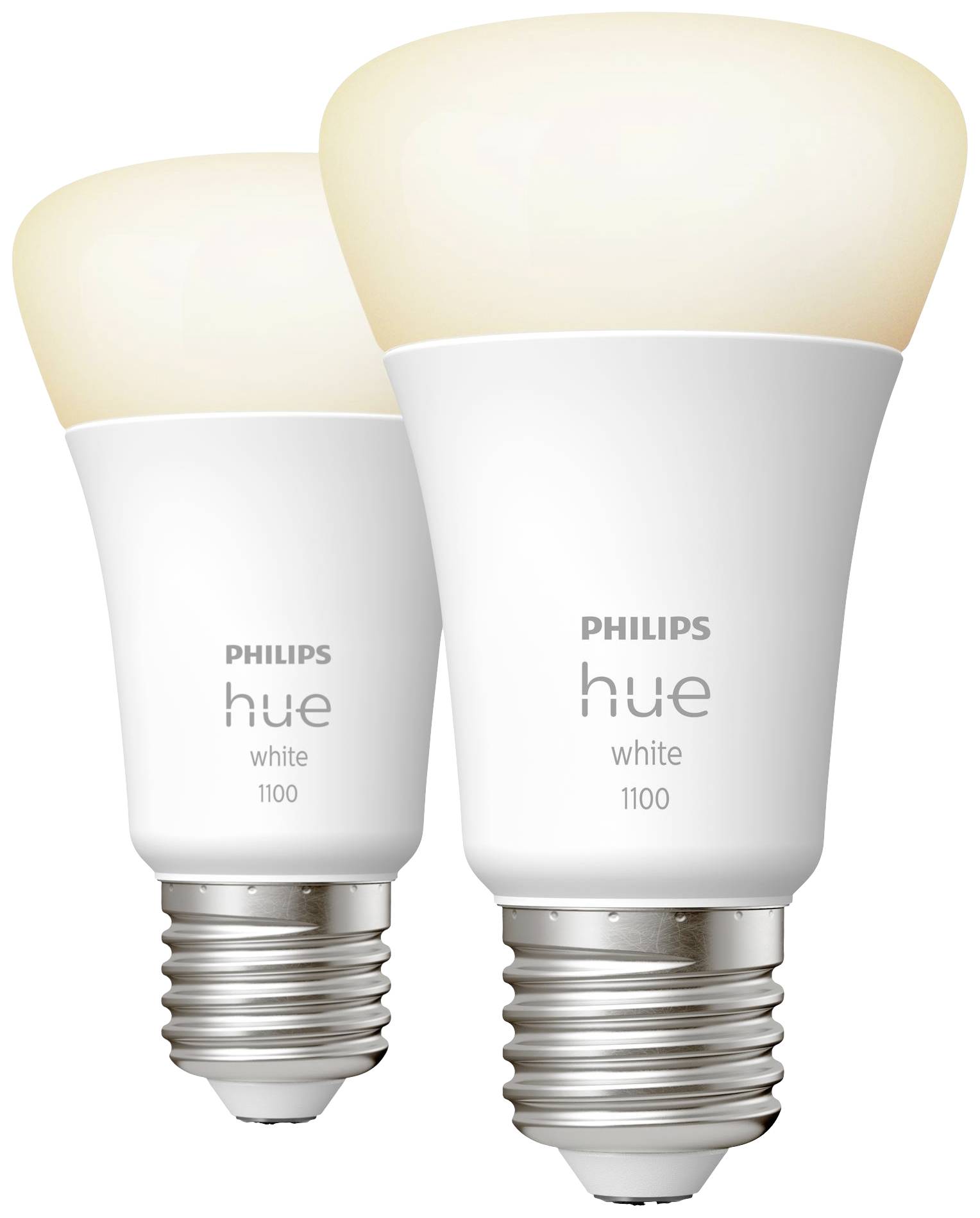 Zwei Philips Hue LED-Glühbirnen mit E27-Fassung, leuchten warmweiß, zur intelligenten Lichtsteuerung über App geeignet.