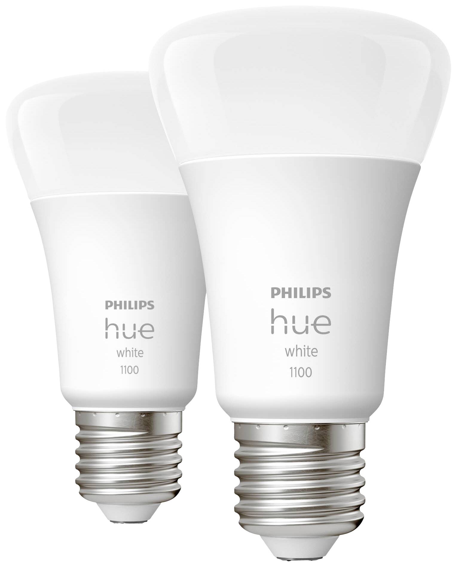 Zwei Philips Hue Glühbirnen mit Schraubsockel, Modell 'White 1100', dargestellt auf hellem Hintergrund.