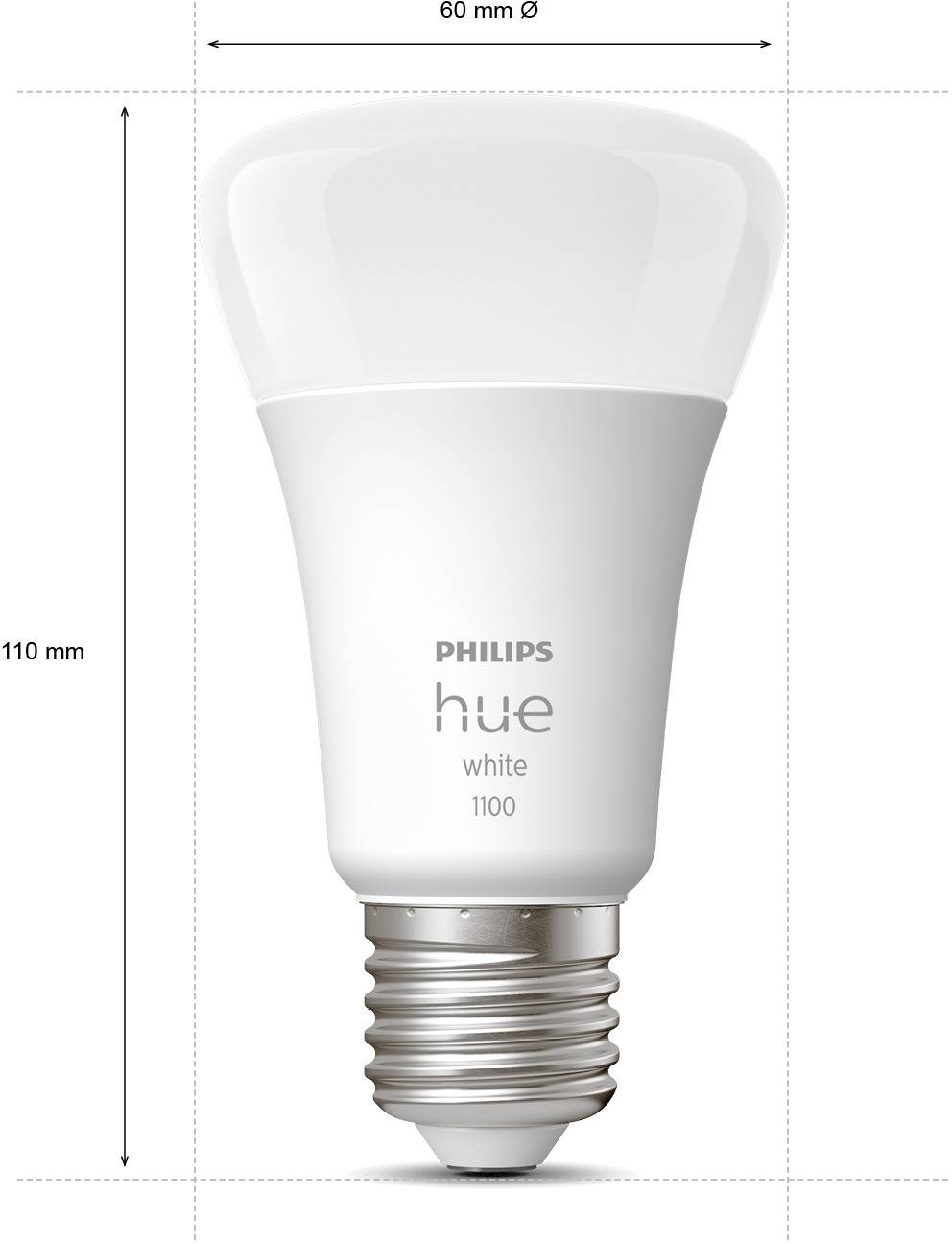 Eine weiße Philips Hue LED-Glühbirne, 1100 Lumen, mit Abmessungen: 60 mm Durchmesser, 110 mm Höhe.