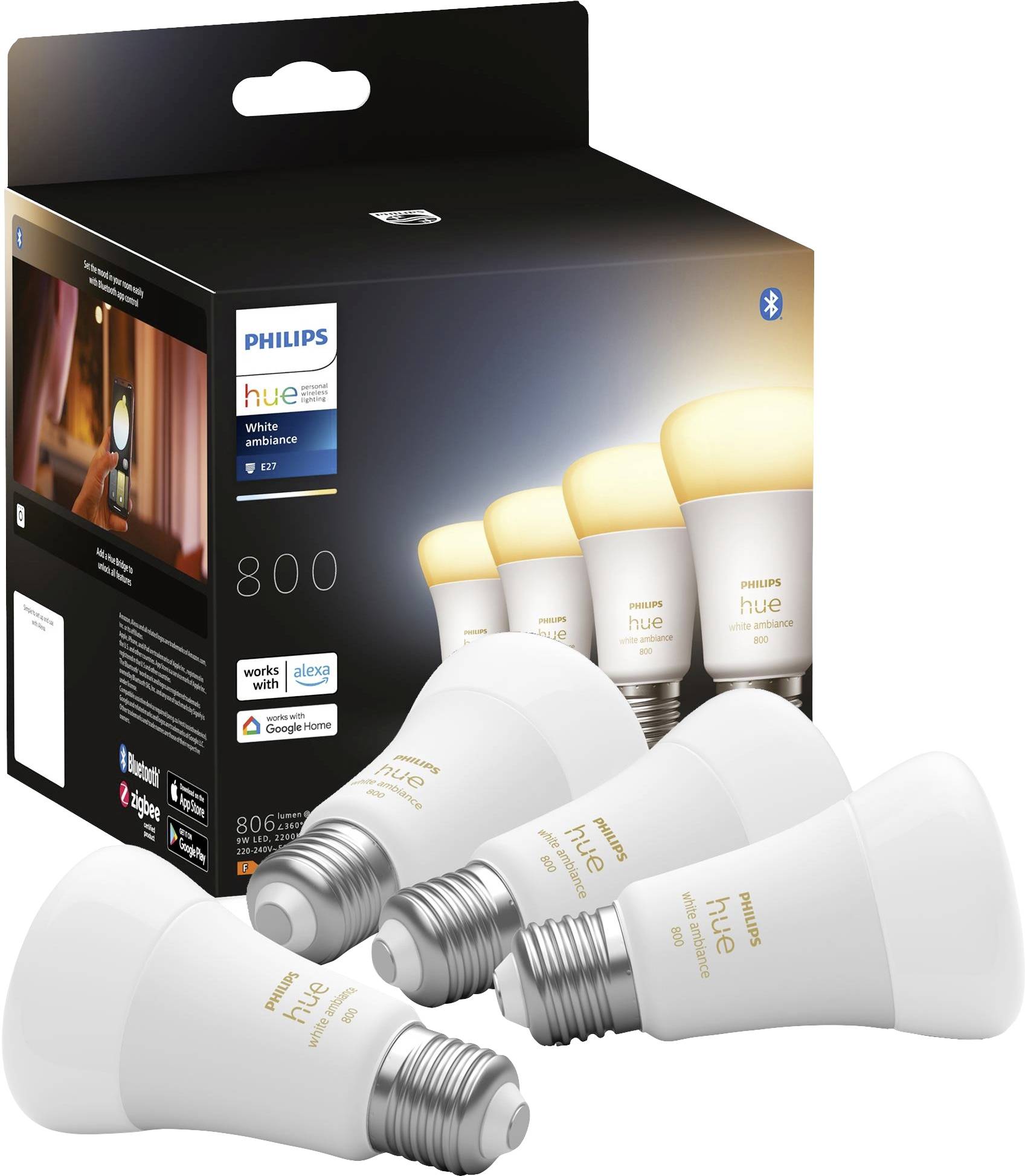 Philips Hue LED-Leuchtmittel (4er Set) 871951432828000 EEK: F (A - G) Hue White Ambiance Viererpack 4x570lm 60W E27 9 W Warmweiß bis Kaltweiß