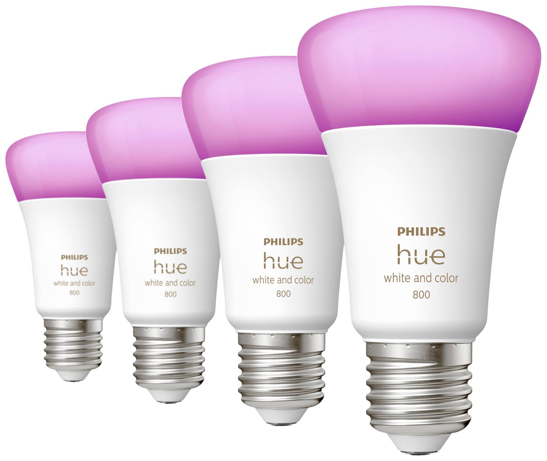 Vier Philips Hue Glühlampen mit weißem und farbigem Licht. Glühbirnen leuchten rosa. Ideal für stimmungsvolle Beleuchtung.