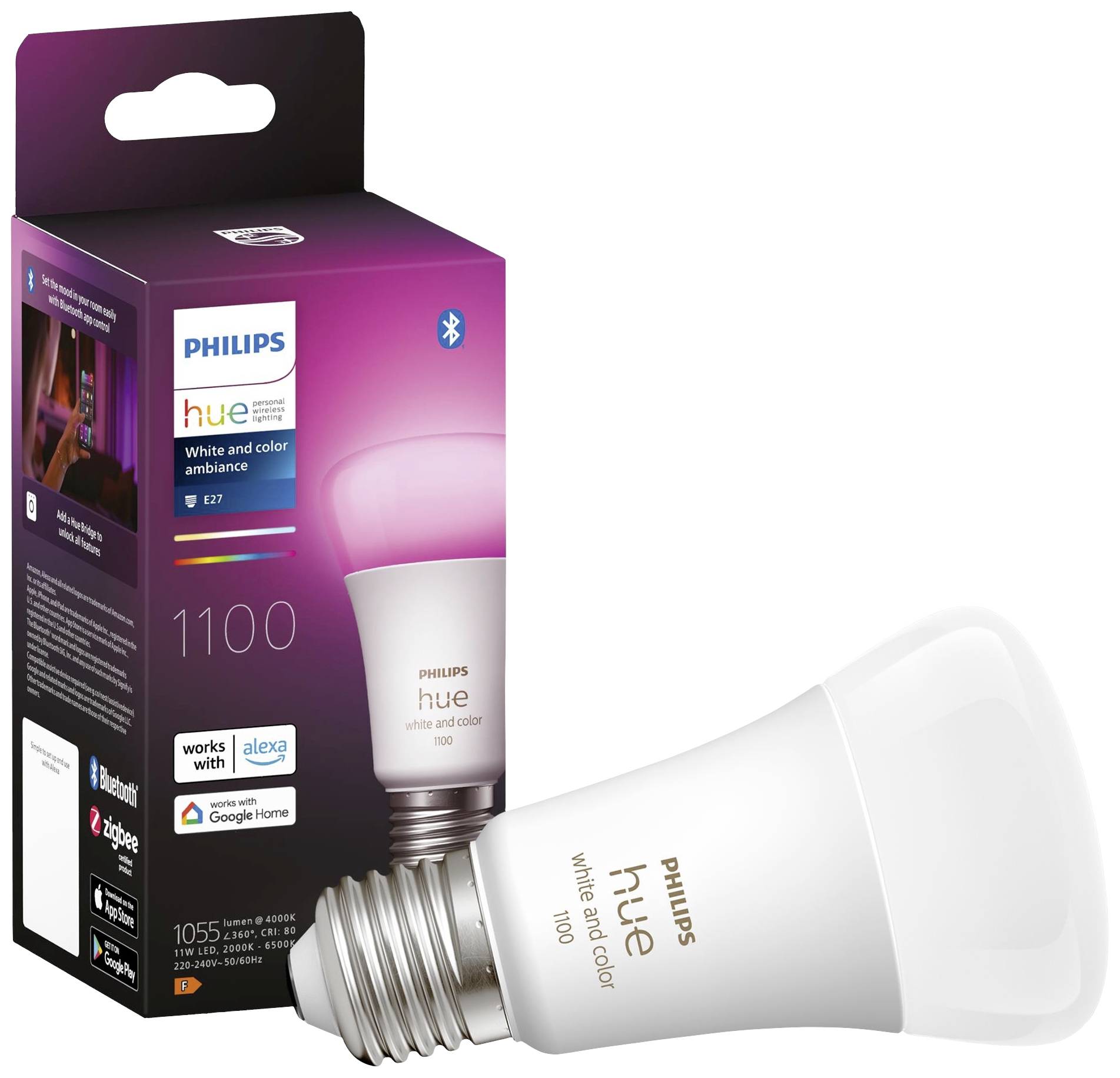 Philips Hue LED-Lampe und Verpackung: Weiß und farbig einstellbar, kompatibel mit Bluetooth, Alexa und Google Home.