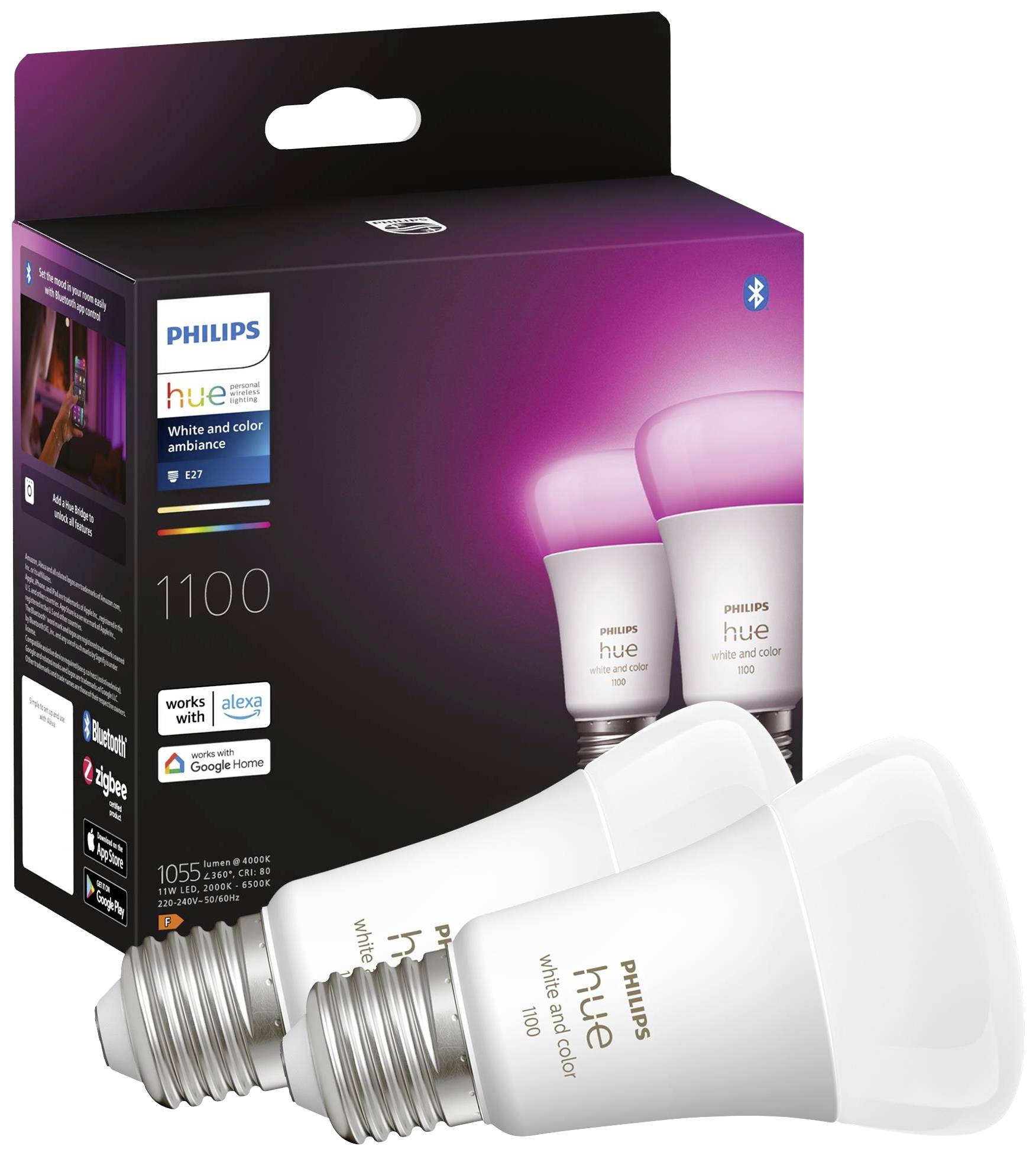 Zwei Philips Hue Glühlampen vor einer Verpackung. Die Glühbirnen unterstützen Alexa, Google Home und bieten weißes sowie farbiges Licht.