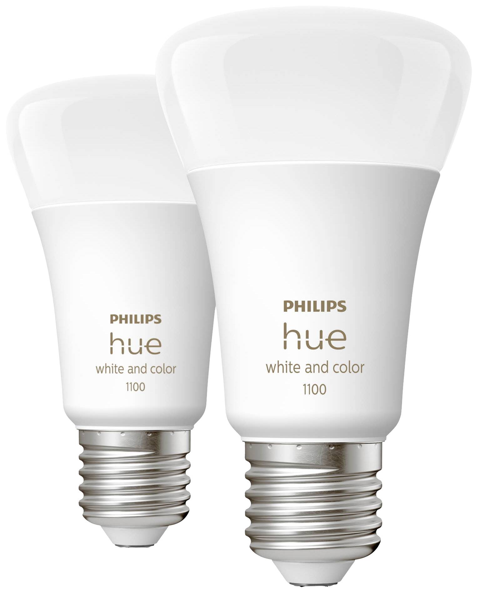 Zwei weiße LED-Glühbirnen der Marke Philips Hue. Sie sind für Weiß- und Farblicht geeignet, Modellnummer 1100.