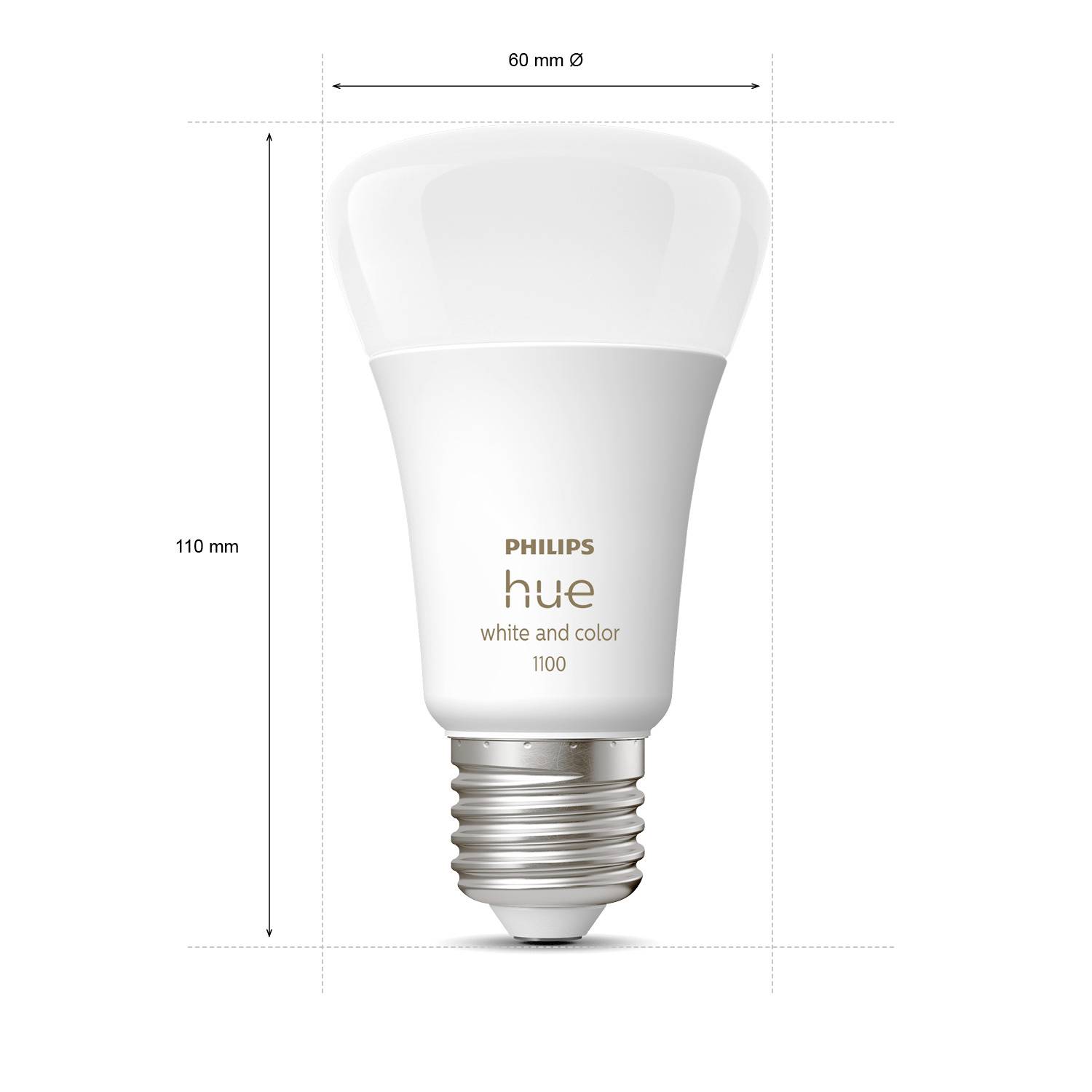 Eine weiße Philips Hue LED-Glühlampe, 60 mm Durchmesser und 110 mm Höhe, mit 'white and color 1100' Aufschrift.
