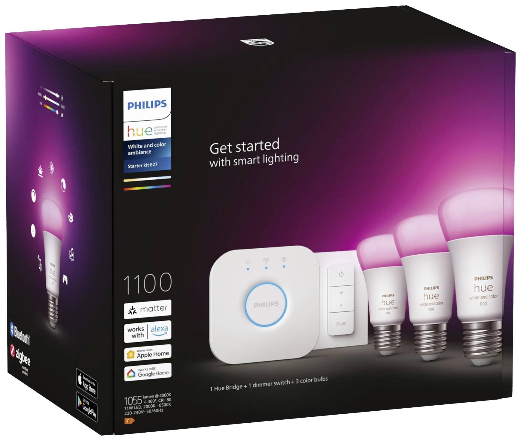 Philips Hue Smart-Beleuchtung Starter-Set: Enthält eine Bridge, Dimmschalter und drei smarte Glühbirnen; kompatibel mit Smart-Home-Systemen.