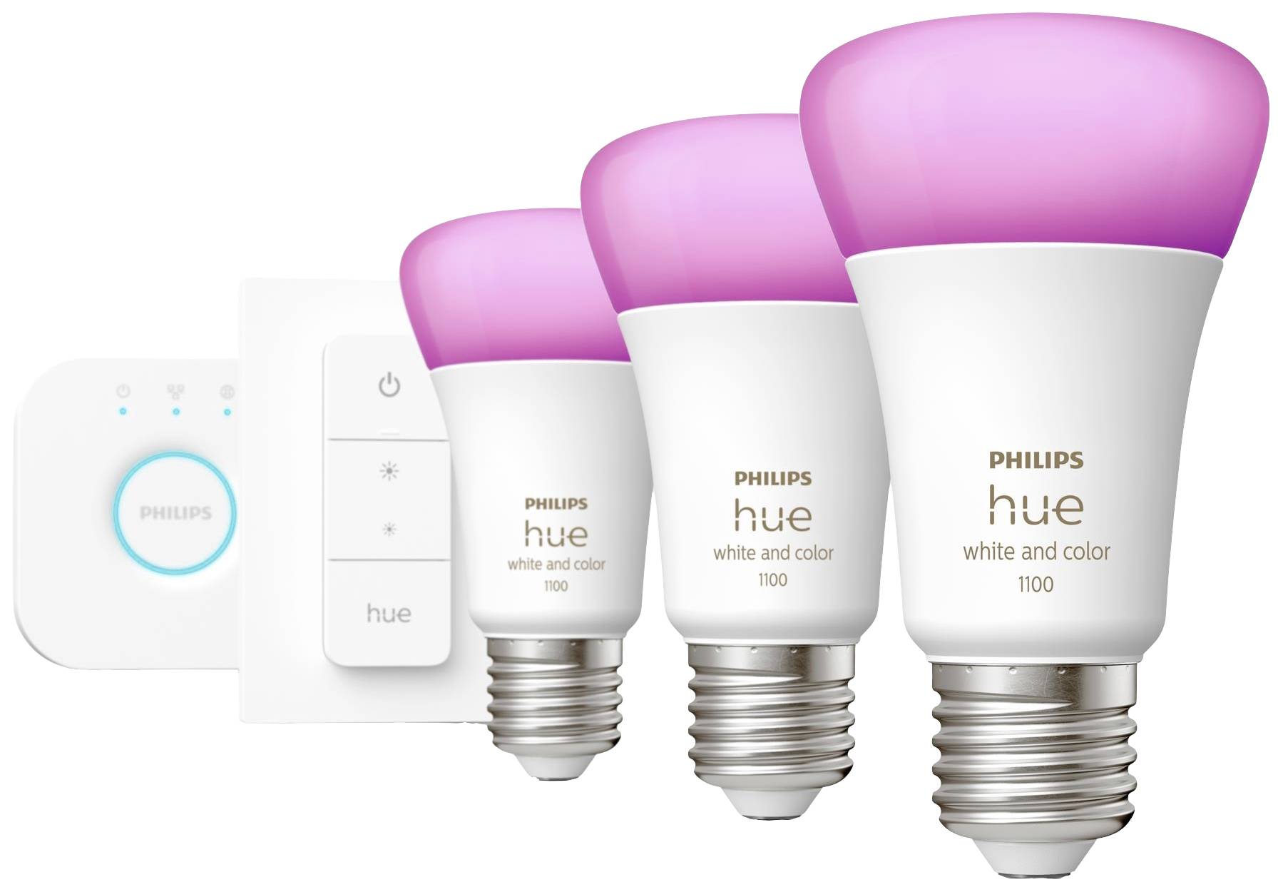 'Philips Hue White and Color Ambiance E27 LED-Lampen' in drei Größen vor einem kabellosen Dimmschalter. Lampen sind pink erleuchtet.