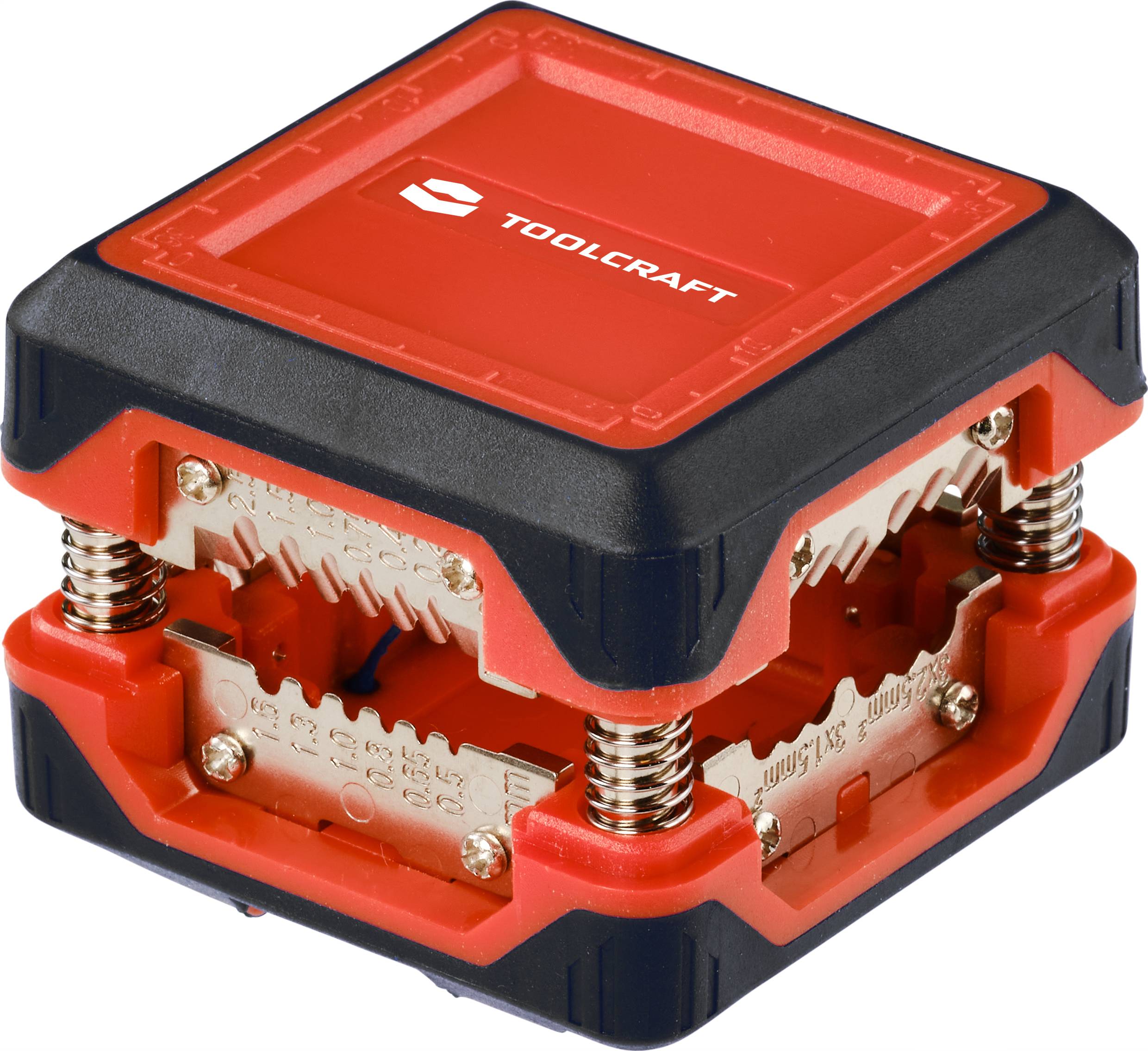 Quadratischer, roter Kabelabisolierer mit schwarzem Rand und Metallfedern. Markenname 'TOOLCRAFT' oben. Geeignet zum präzisen Abisolieren von Kabeln.