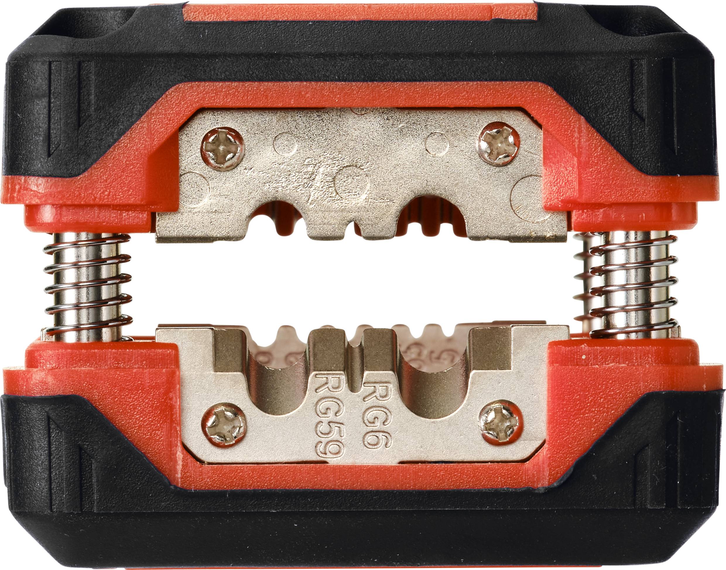 Ein Kabelabisolierwerkzeug in Schwarz und Rot, geeignet zum Abisolieren von RG6- und RG59-Kabeln, mit zwei Federn an den Seiten.