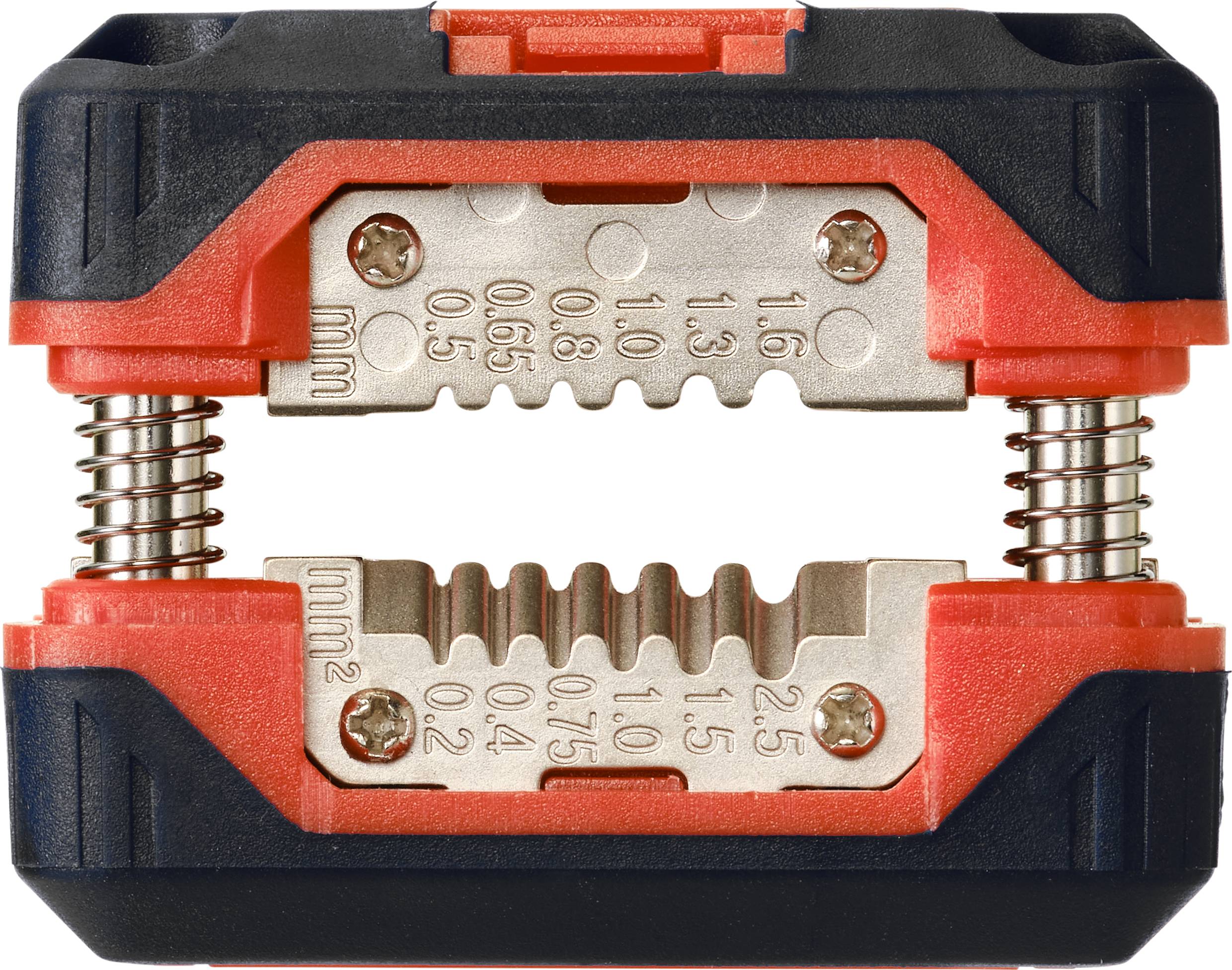 Ein Kabelentmantler mit zwei Schneidklingen, schwarzem und rotem Gehäuse. Geeignet für Kabeldurchmesser von 0,2 bis 2,5 mm².