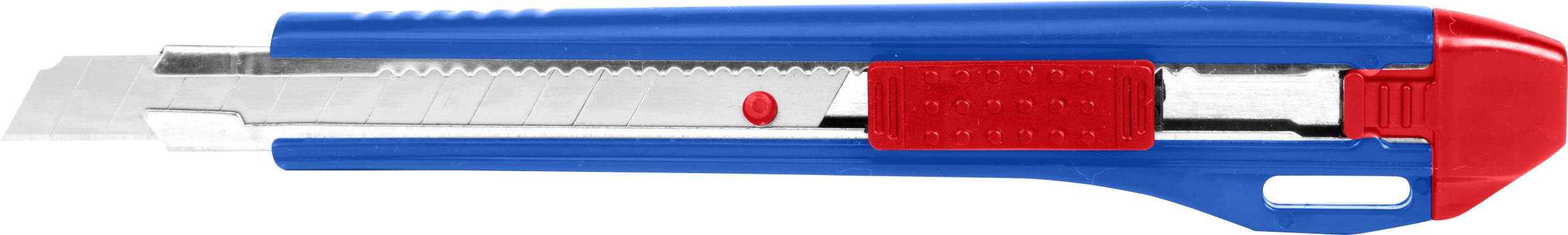 Ein blauer Cutter mit einem roten Schieber und einer ausgefahrenen, silbernen Klinge. Geeignet für Schneidearbeiten auf Papier oder Karton.